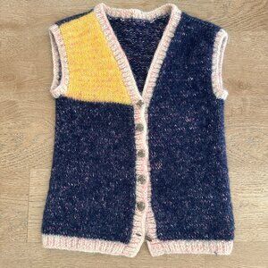Handmade Knit Wool Button Down Knit Vest sz M - Marled Blue & Pink / Yellow